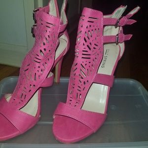 Pink laser cut heeled sandals